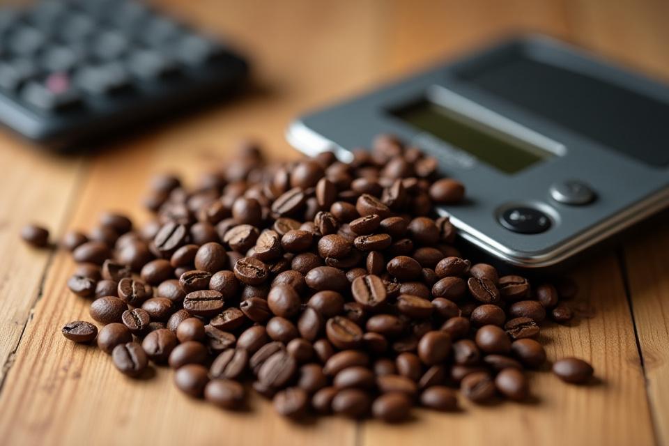 Kávébabok és egy mérleg, ami a költségek számszerűsítését jelképezi