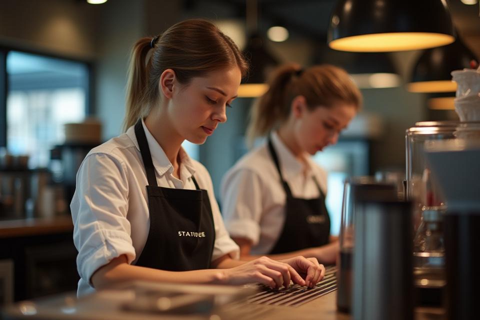 Baristák hatékonyan dolgoznak egy pult mögött, órával a háttérben