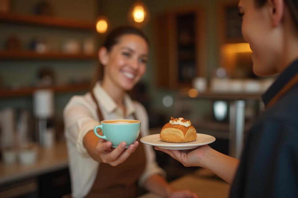 Barista adja át a kávét és egy süteményt egy mosolygós vásárlónak