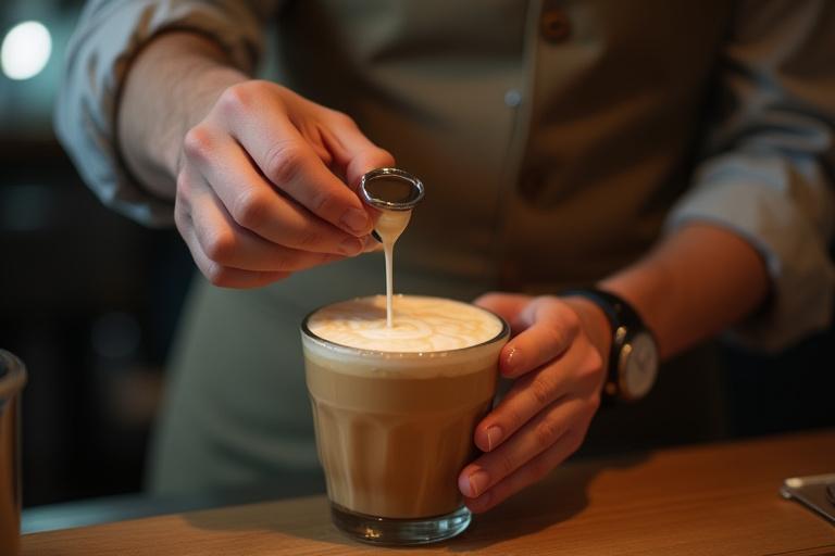 Barista készít egy különleges, szezonális kávéitalt friss hozzávalókkal, közelről