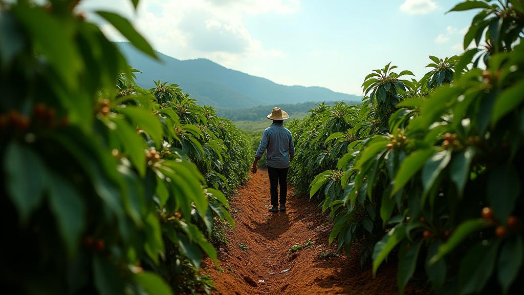 Kép egy kávéültetvényről, ahol farmerek dolgoznak a fenntarthatóság jegyében