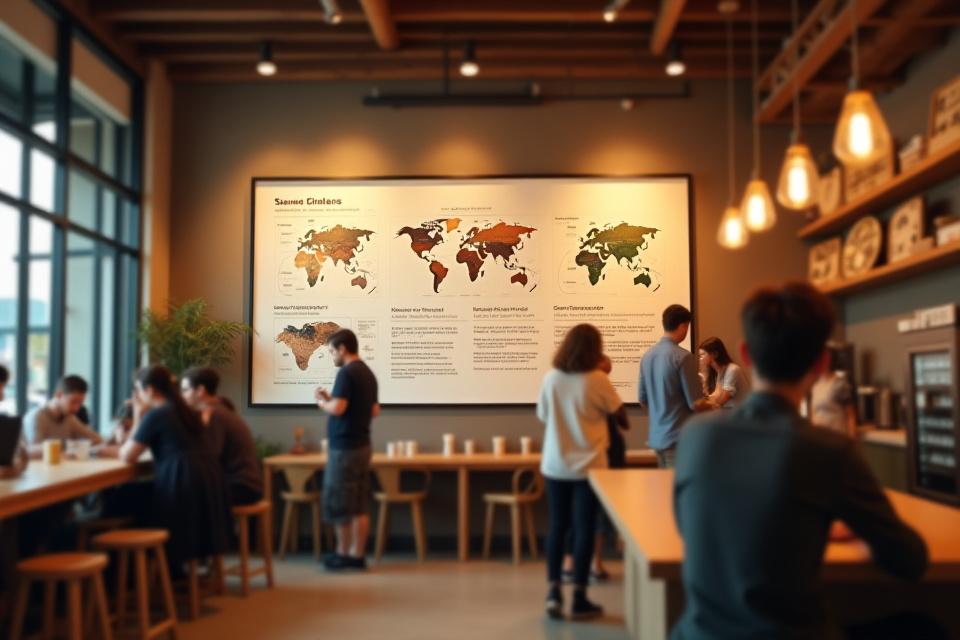 Egy kávézó belső tere, ahol információs tabló mutatja be a kávé eredetét és fenntarthatóságát