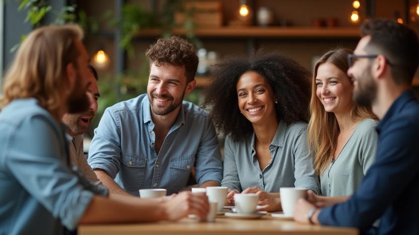 Összetartó csapat tagjai mosolyognak, miközben együtt kávéznak egy modern kávézóban, háttérben kávéfőzővel.